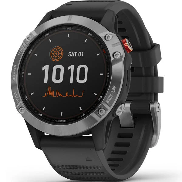 Montres Cardio GPS GARMIN FENIX 6 SOLAR SILVER W/BLACK BAND 21 Noir